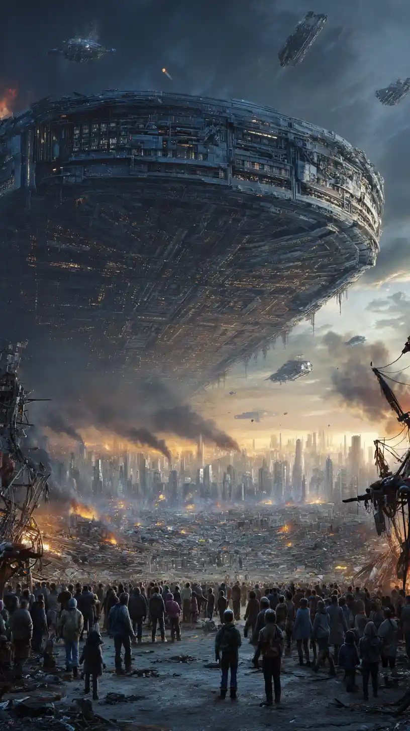 Desperate crowds boarding a glowing ark starship