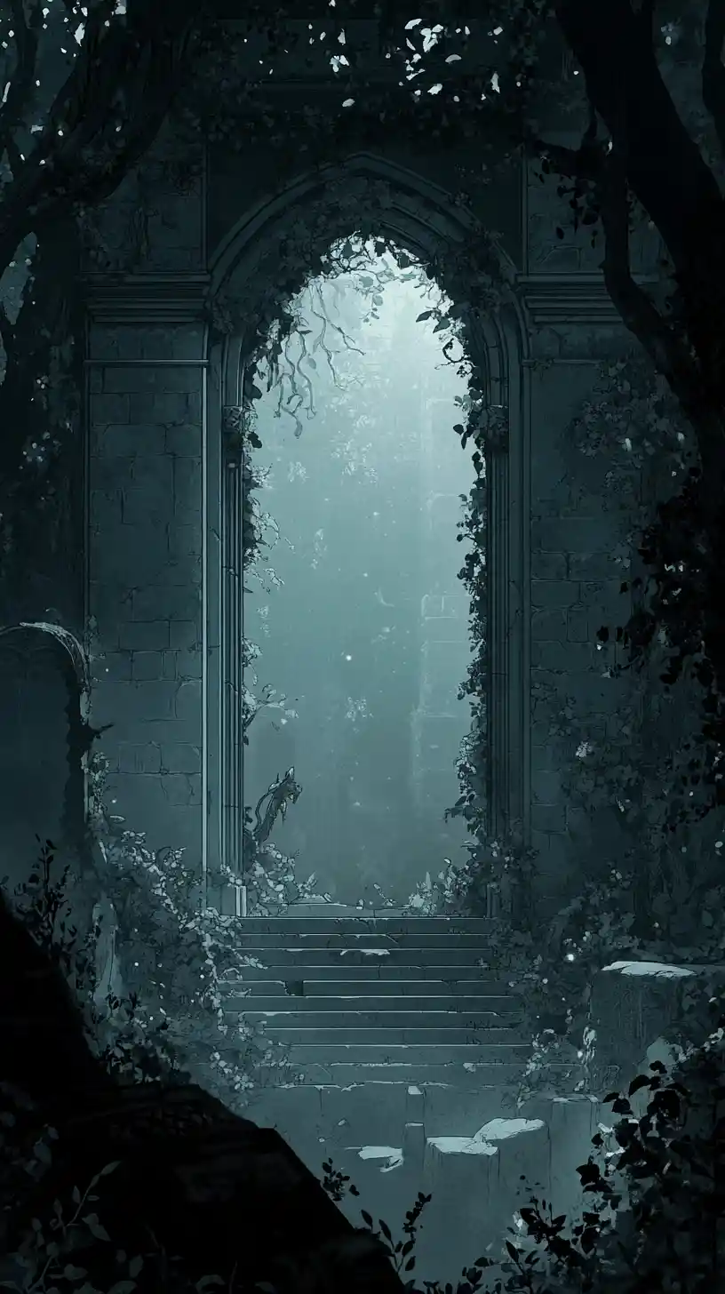 Young hero in a dark atmospheric fantasy cityscape