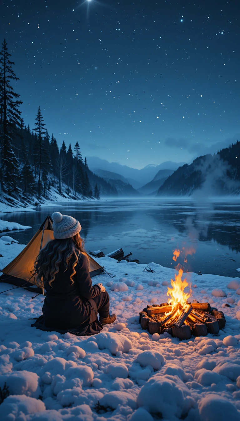 Girl by campfire beside frozen lake under starry sky