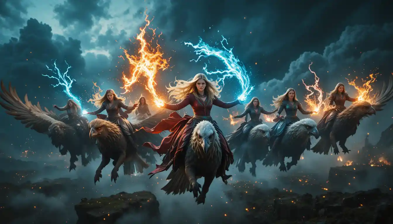 Blonde warrior women riding giant birds through night sky