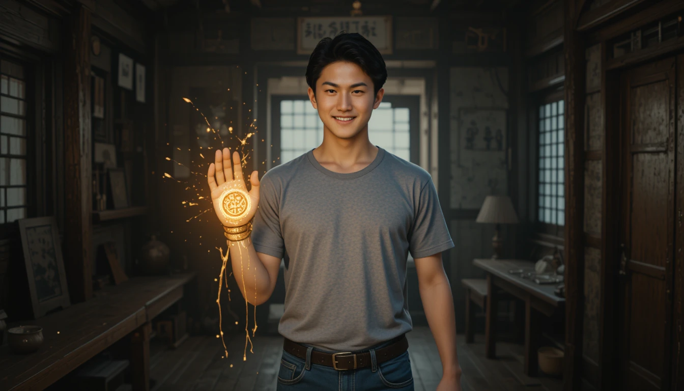 Mann mit leuchtendem Armband in altem taiwanischen Holzhaus