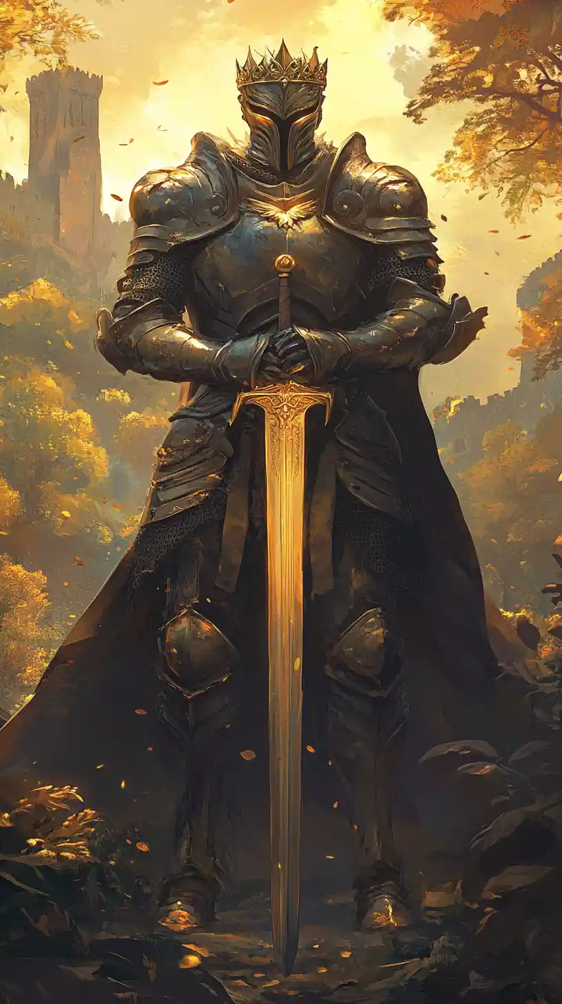 Majestätischer Fantasie-Ritter in einer goldenen Anime-Landschaft