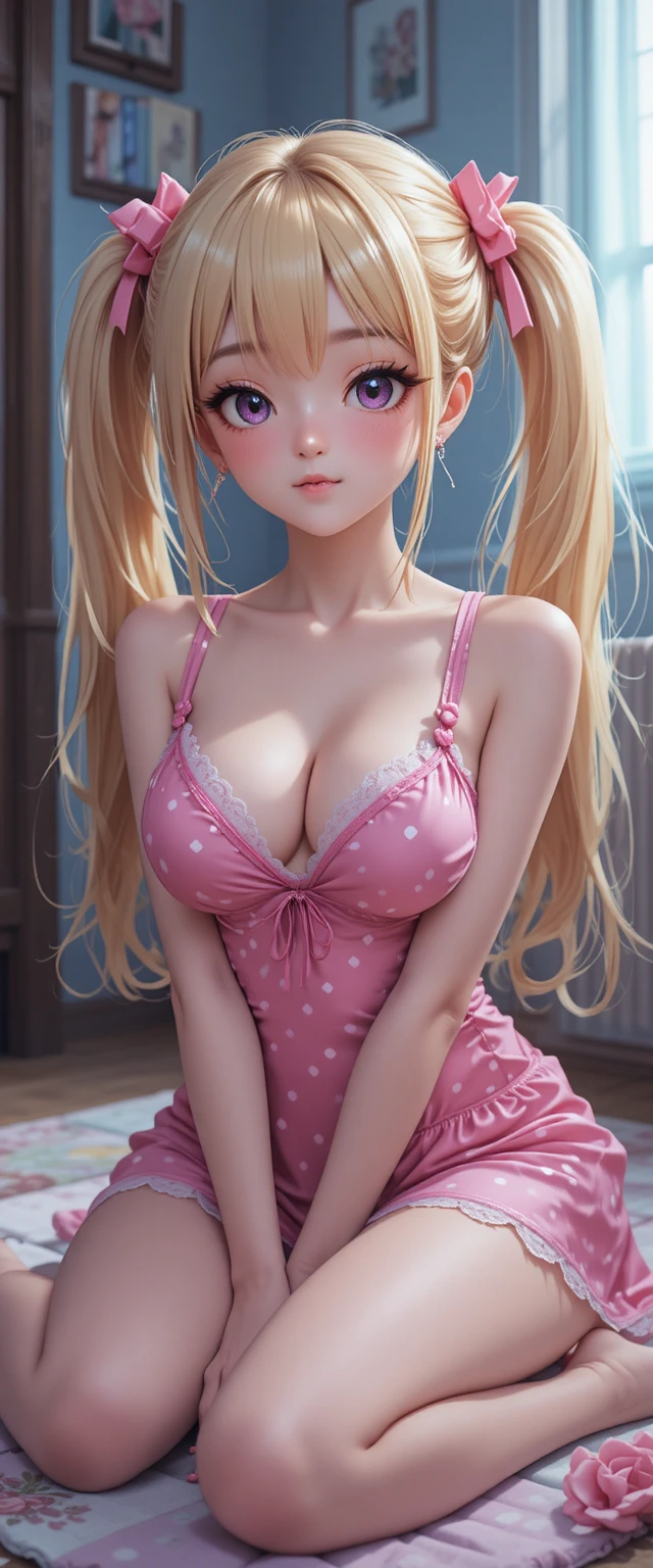 Cute blonde anime girl relaxing on the floor