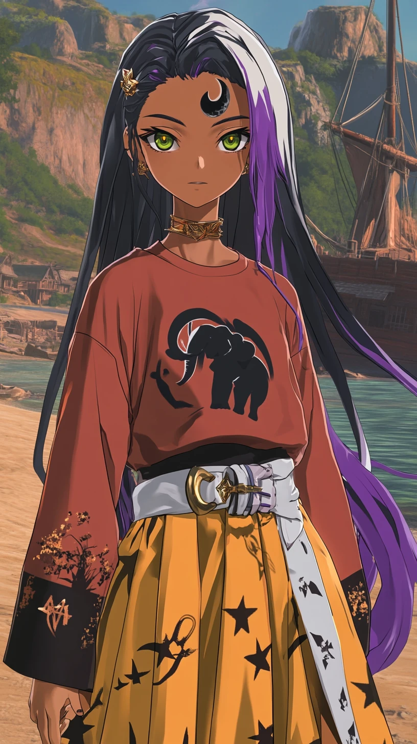 Garota de anime com katana caminhando ao lado de um castelo à beira-rio