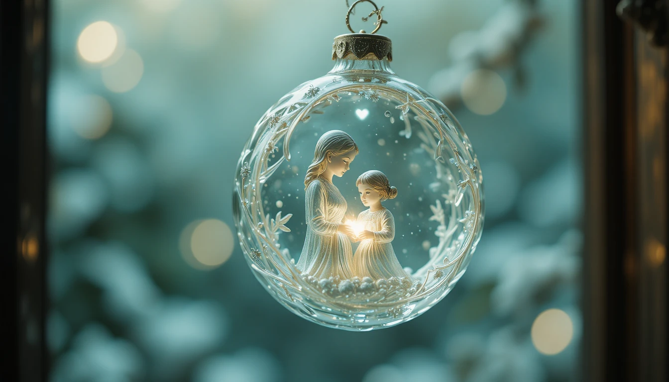 Decorazione di Natale in vetro con madre e figlio che brillano alla finestra