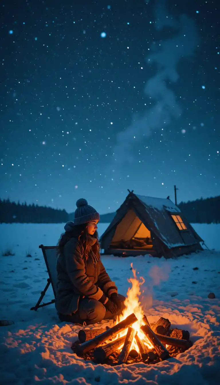 Chica junto a una fogata en una tranquila noche de invierno nevada