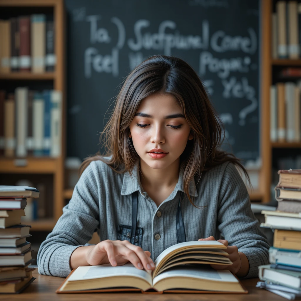 Studente confuso con libri aperti di fronte a materie d’esame difficili