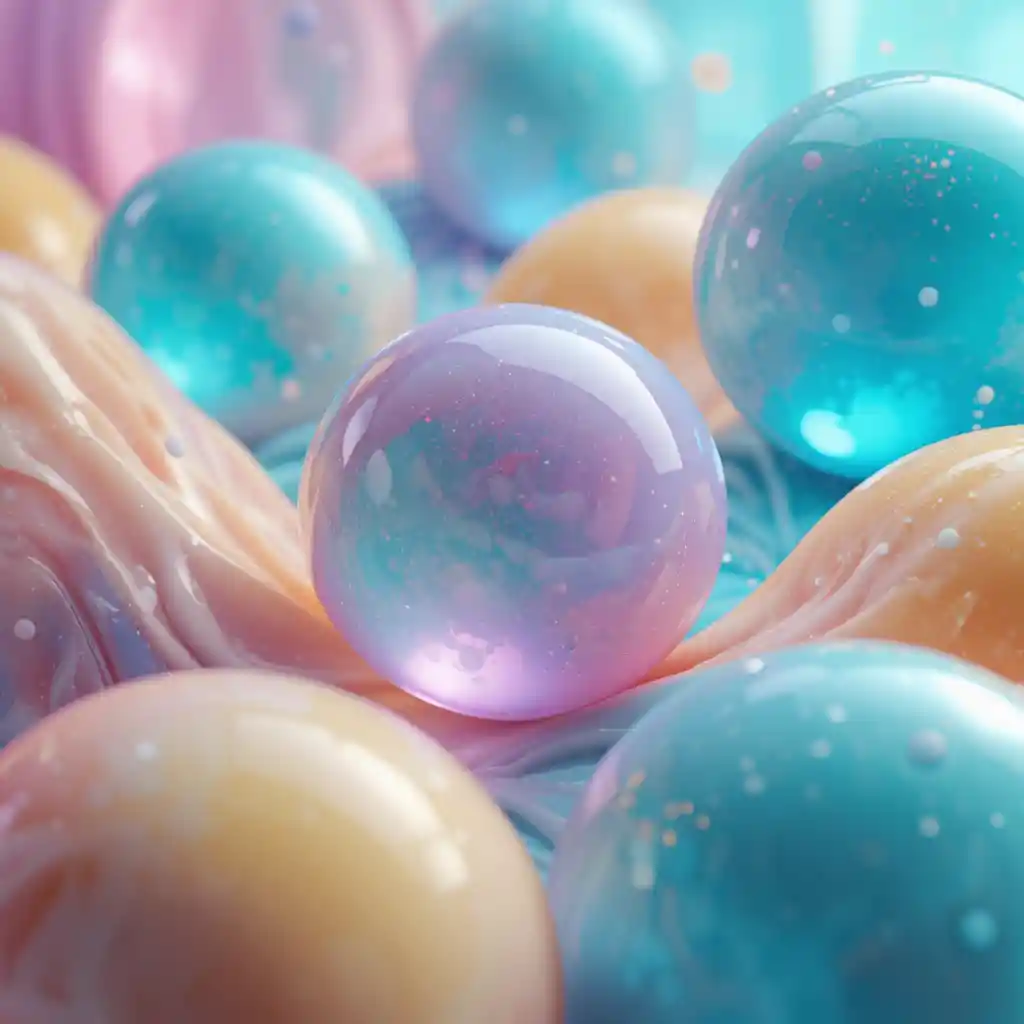 Sfere di colore lucide che si fondono su uno sfondo astratto pastello