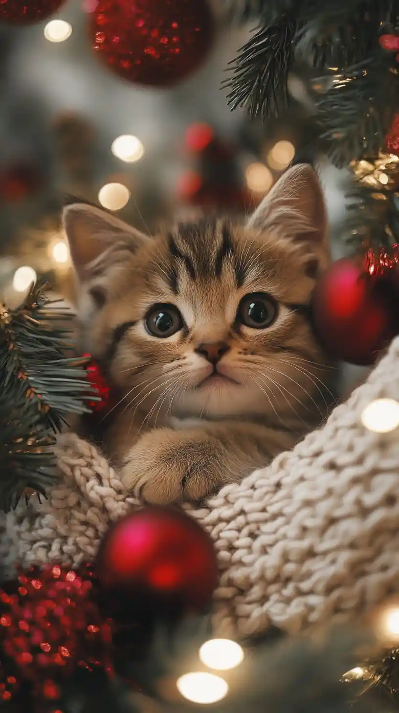 Cute kitten in a cozy Christmas holiday interior scene