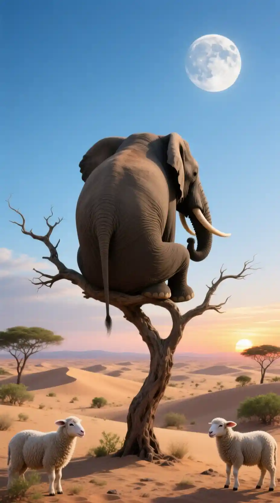 Surrealer Elefant auf einem fragilen Ast über Wüstendünen