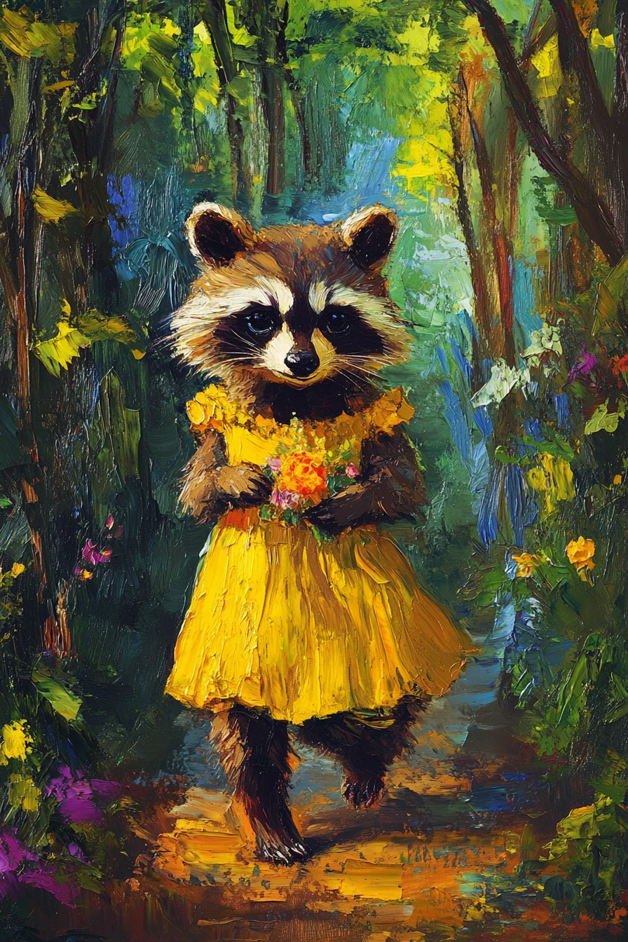 Happy raccoon in yellow dress walking through bright forest