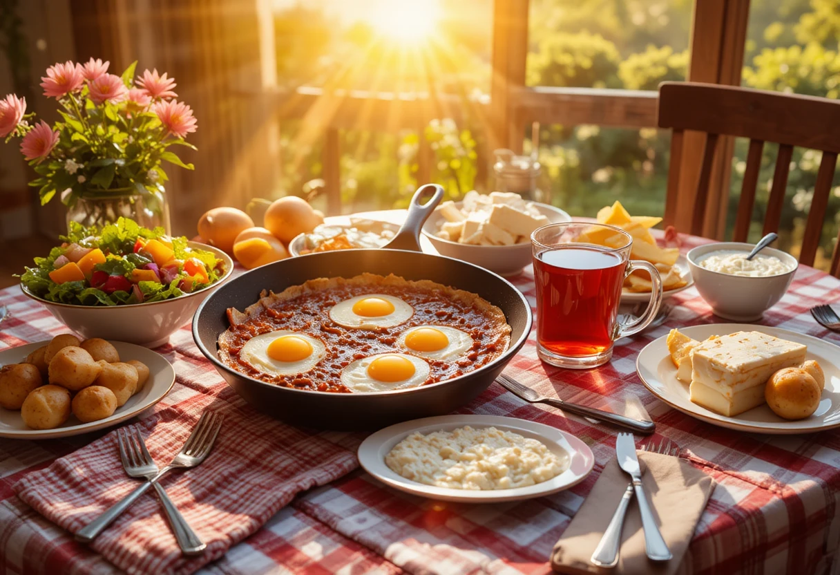 Table de petit-déjeuner ensoleillée avec œufs, salade et thé