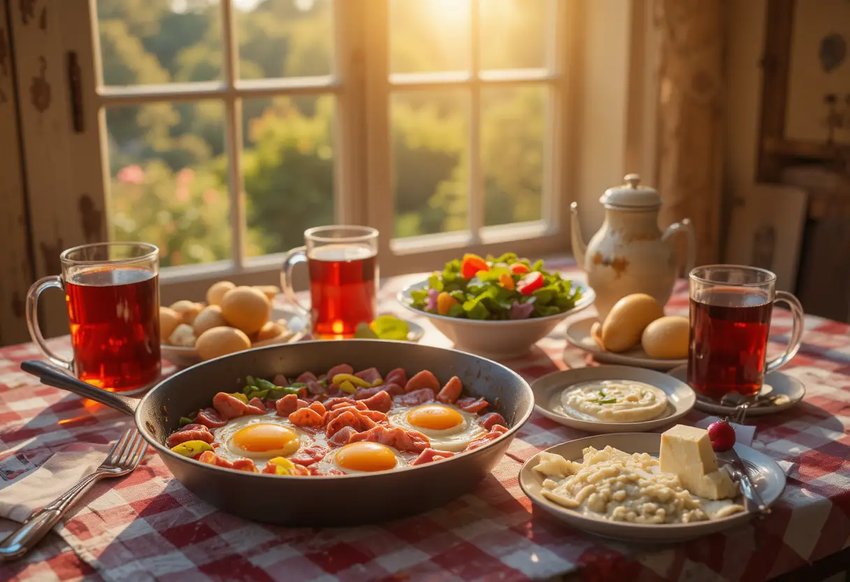 Fröhliches Frühstück auf einem sonnigen karierten Tisch