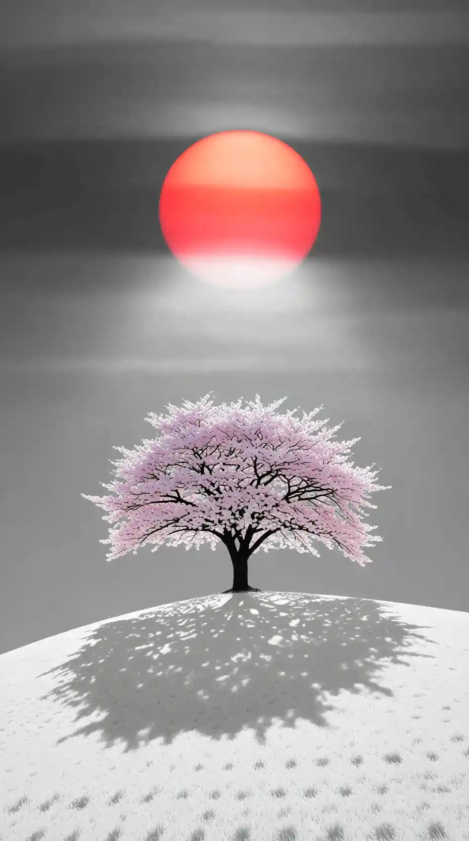 Solitary sakura tree on a white hill under red sun