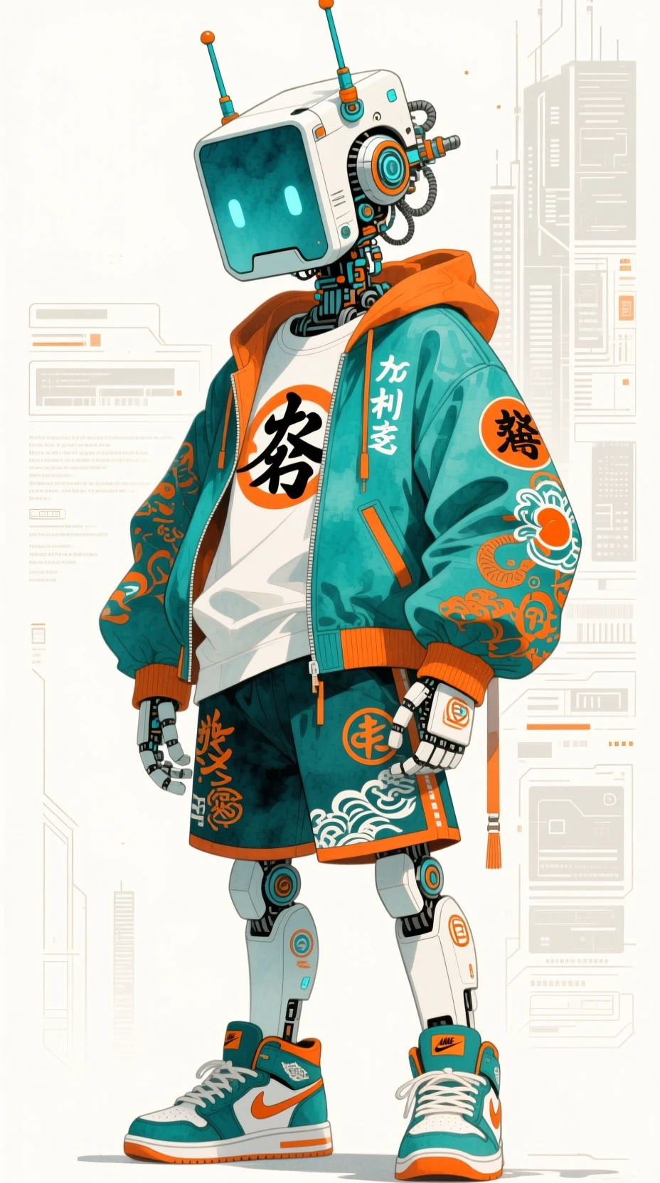 Humanoider Roboter in Aquarell mit türkis-orangefarbener Streetwear