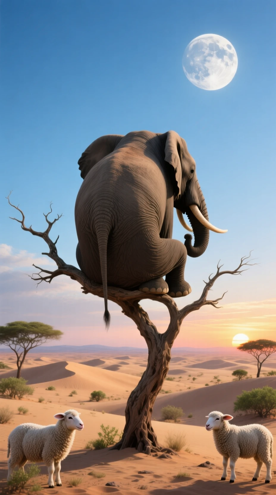 Elefante surreal empoleirado em um frágil galho sobre dunas do deserto