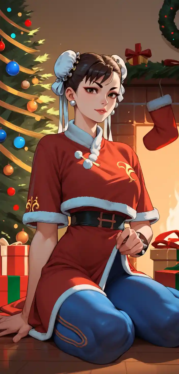 Femme anime en tenue de Noël près d’un sapin lumineux