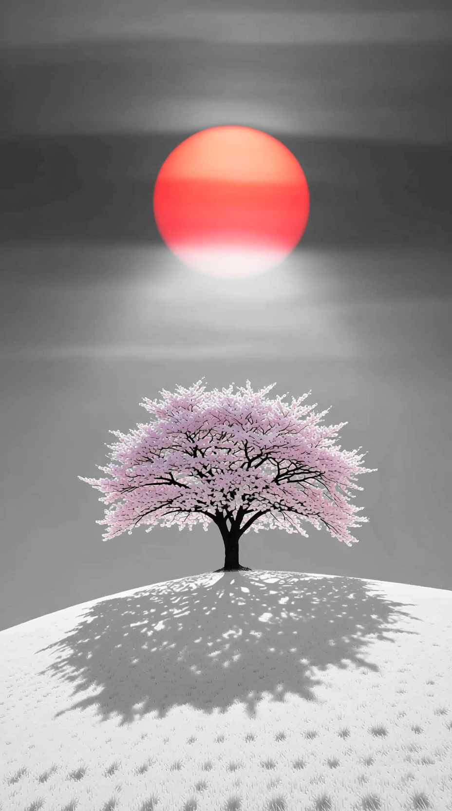 Solitary sakura tree on a white hill under red sun