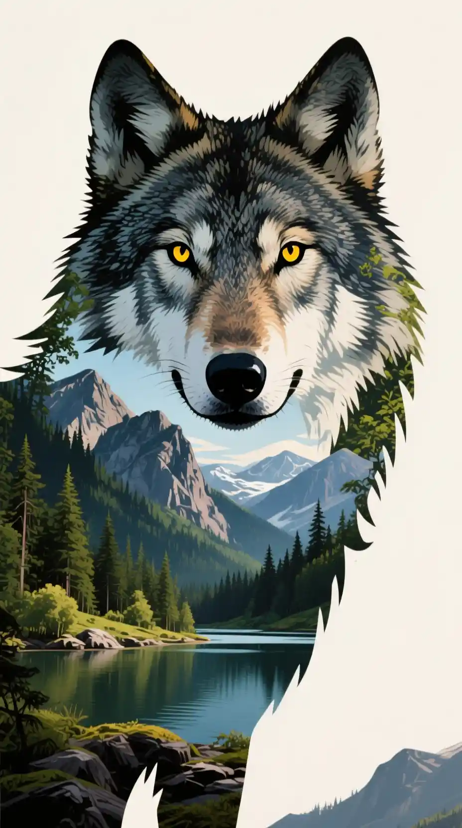 Alpha wolf silhouette filled with forest mountains and lake