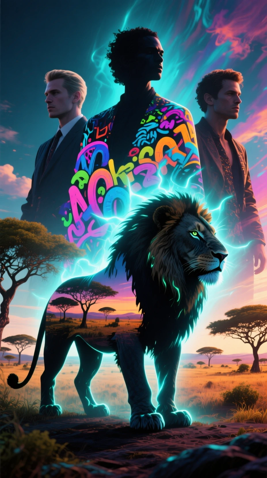 Glowing Lion Silhouette Merged With Serene African Nature