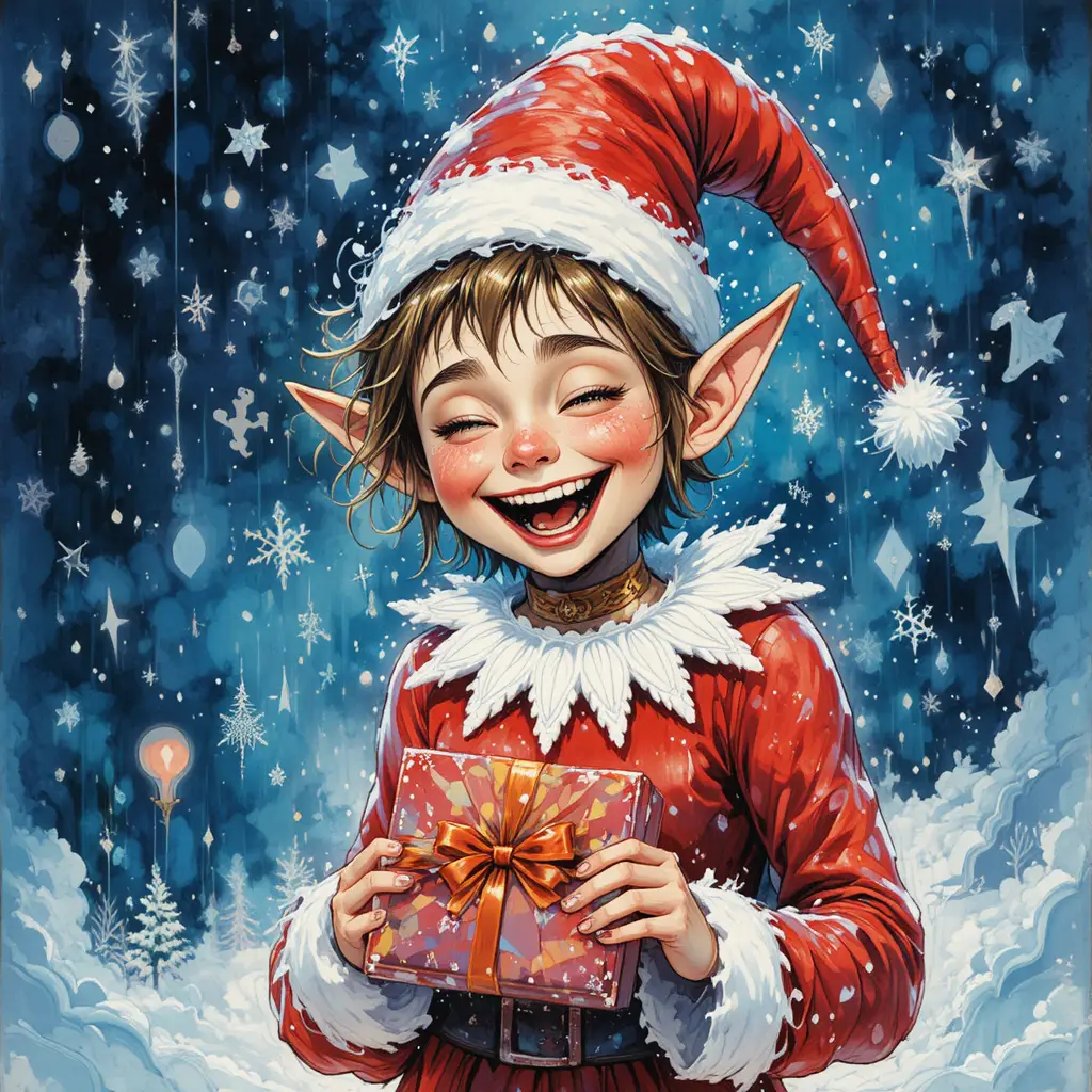 Elfo di Natale che ride mentre gioca con colorati regali festivi