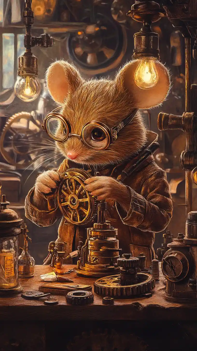 Topo steampunk che ripara ingranaggi in un laboratorio vittoriano