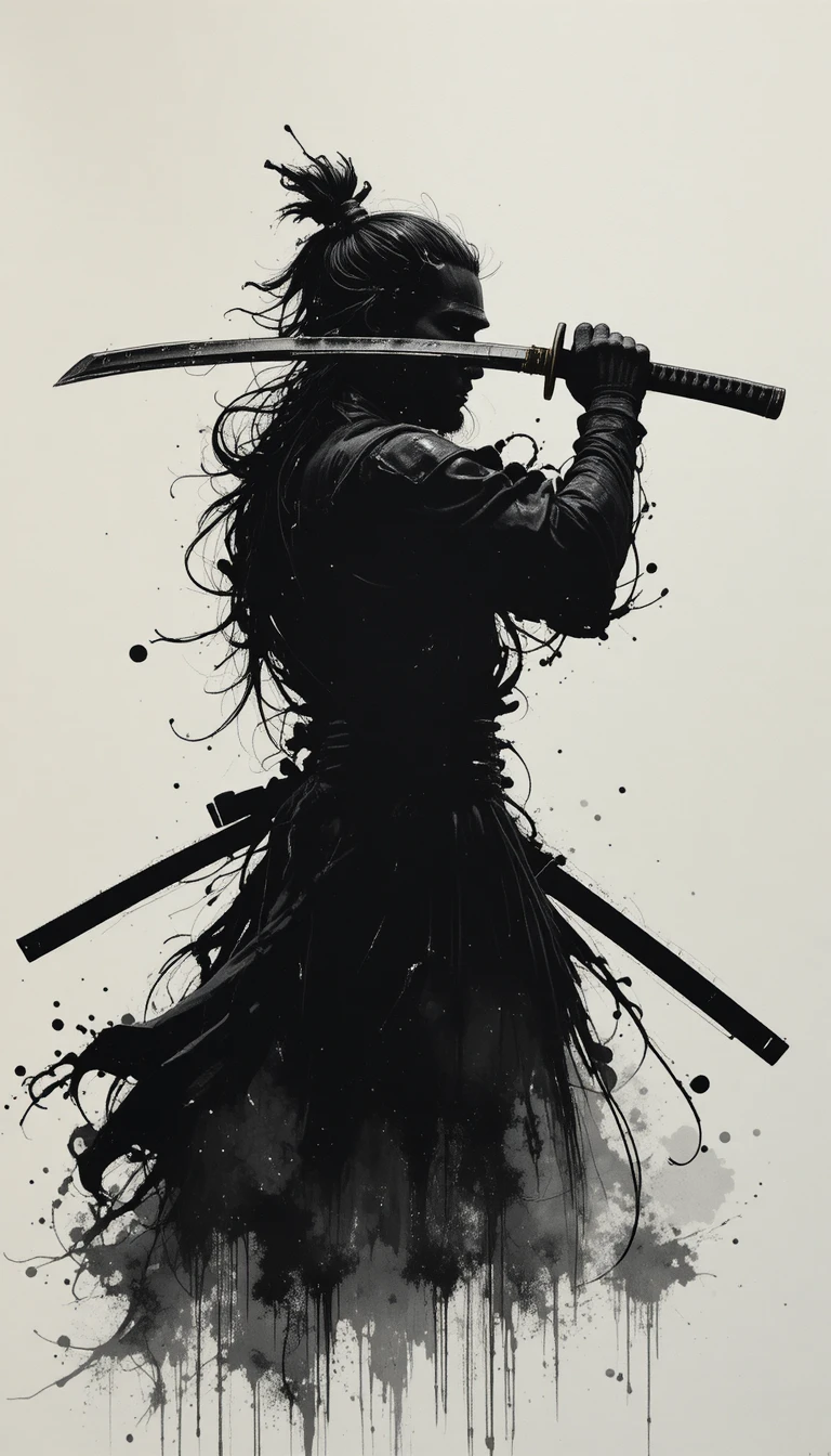 Samurai solitária em ousada silhueta de tinta