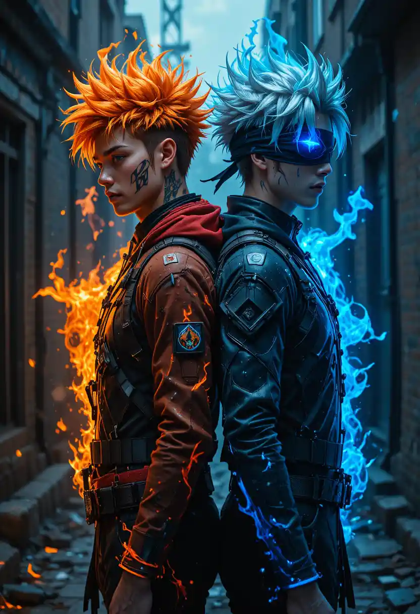 Two elemental anime fighters standing back to back in alley