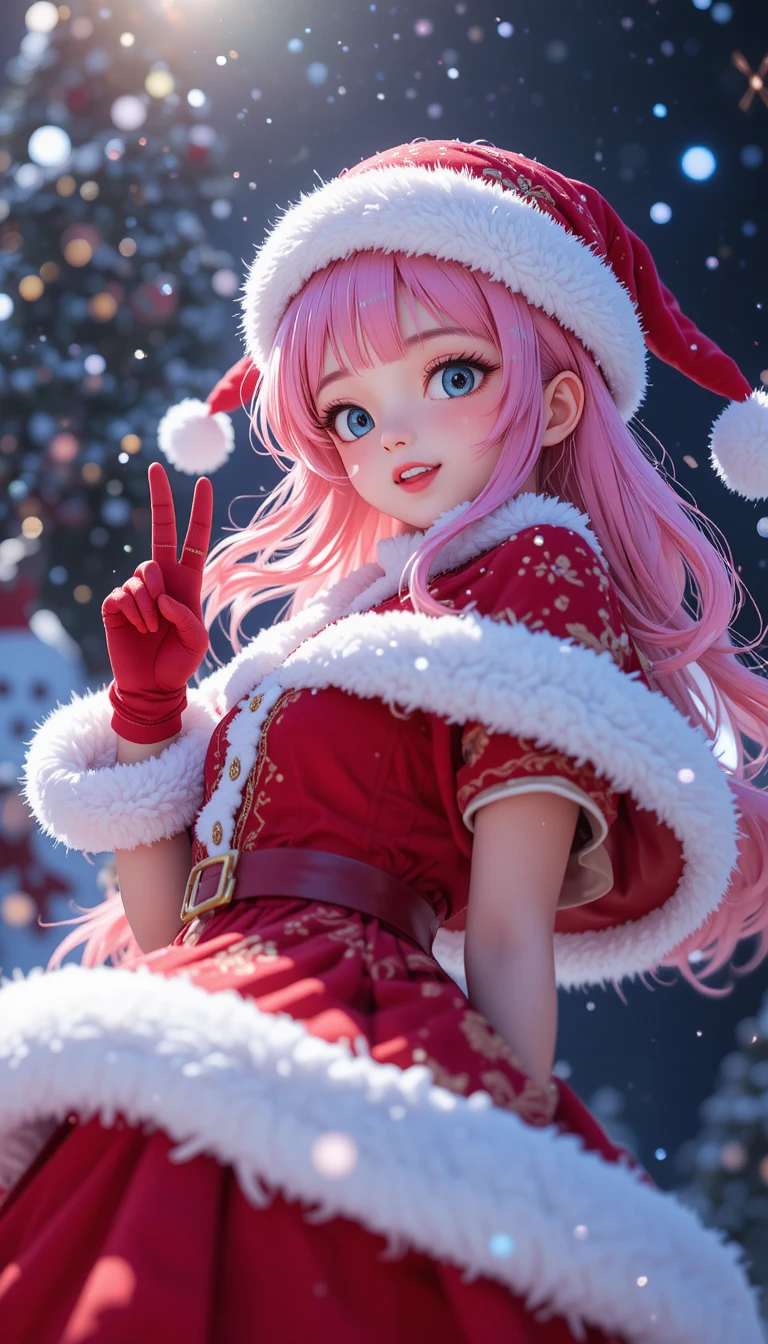 Femme anime en Mère Noël posant joyeusement dans une nuit d’hiver enneigée