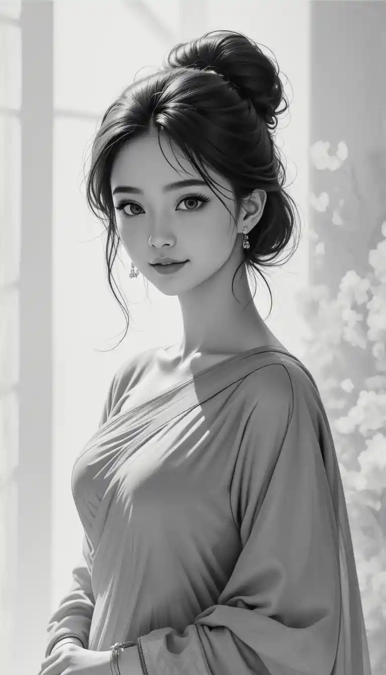 Shy Anime Girl In Traditional Saree Portrait Illustration