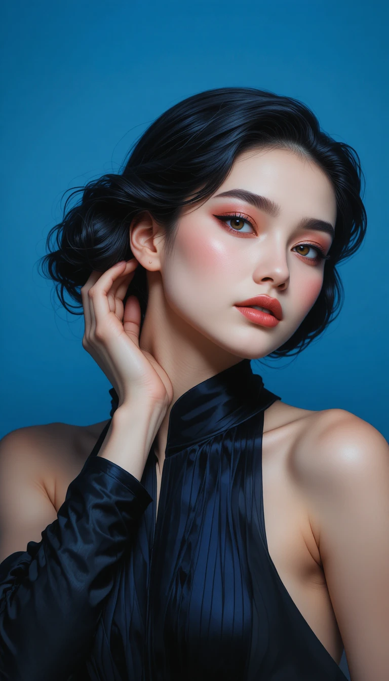 優雅黑髮女孩在鮮豔藍色背景前擺姿勢