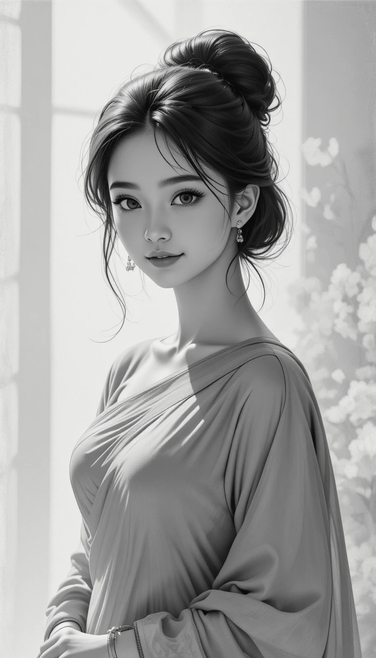 Shy Anime Girl In Traditional Saree Portrait Illustration