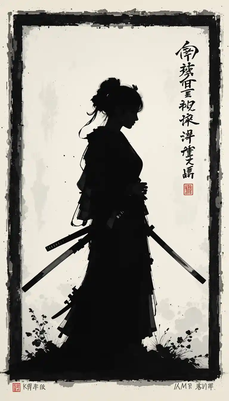 Solitary female samurai in stark white ink silhouette