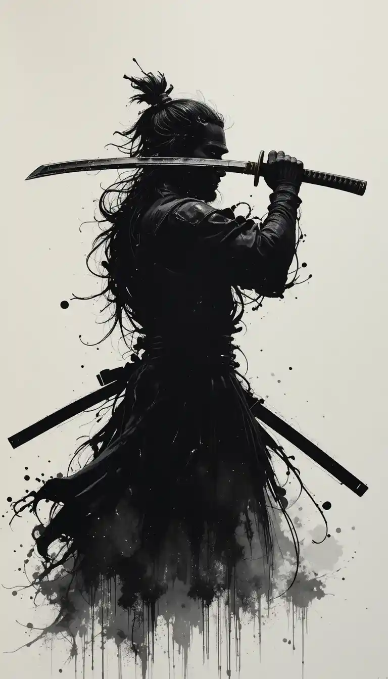Einsame Samurai-Kriegerin in kräftiger Tinten-Silhouette