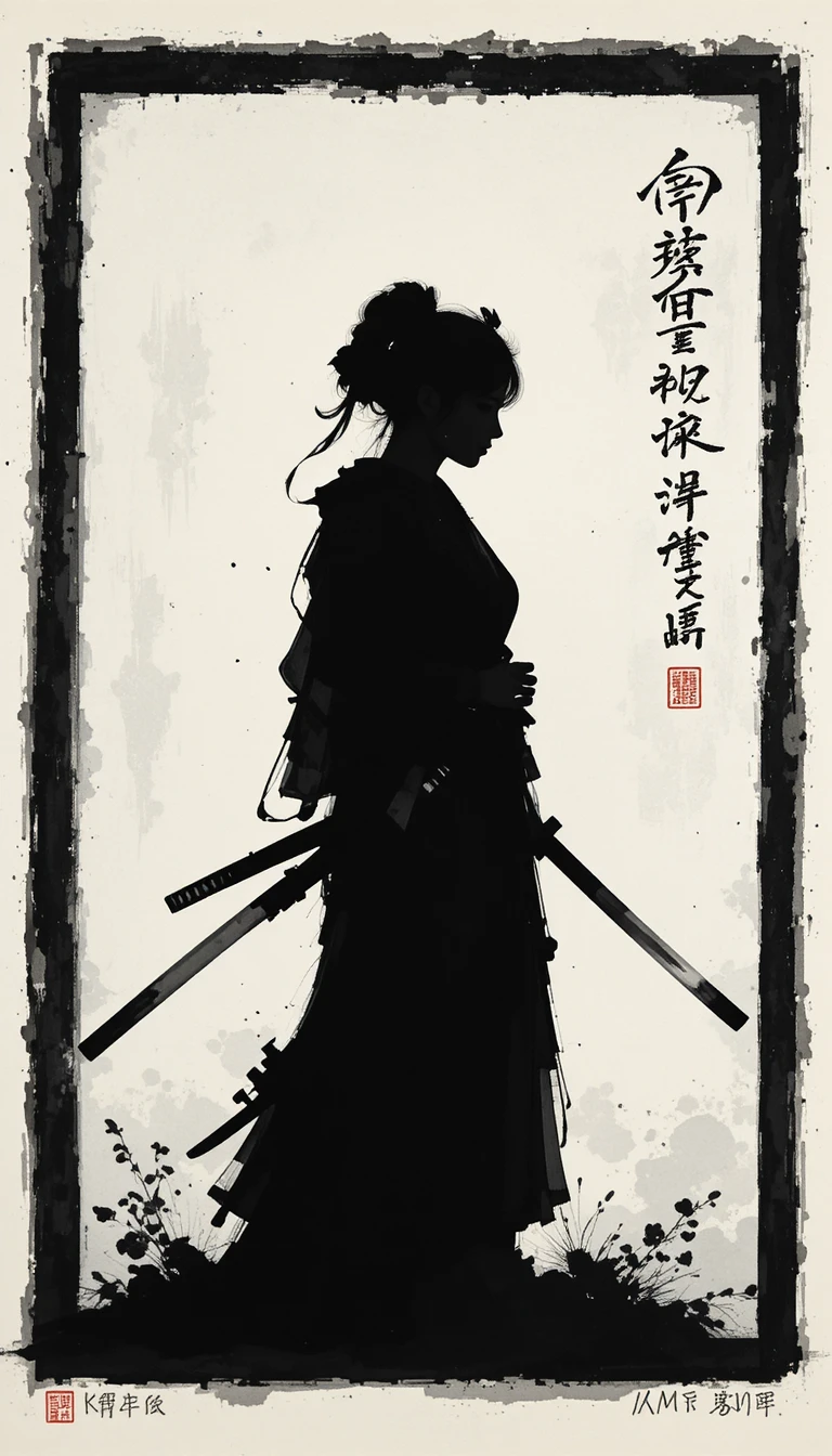 Solitary female samurai in stark white ink silhouette