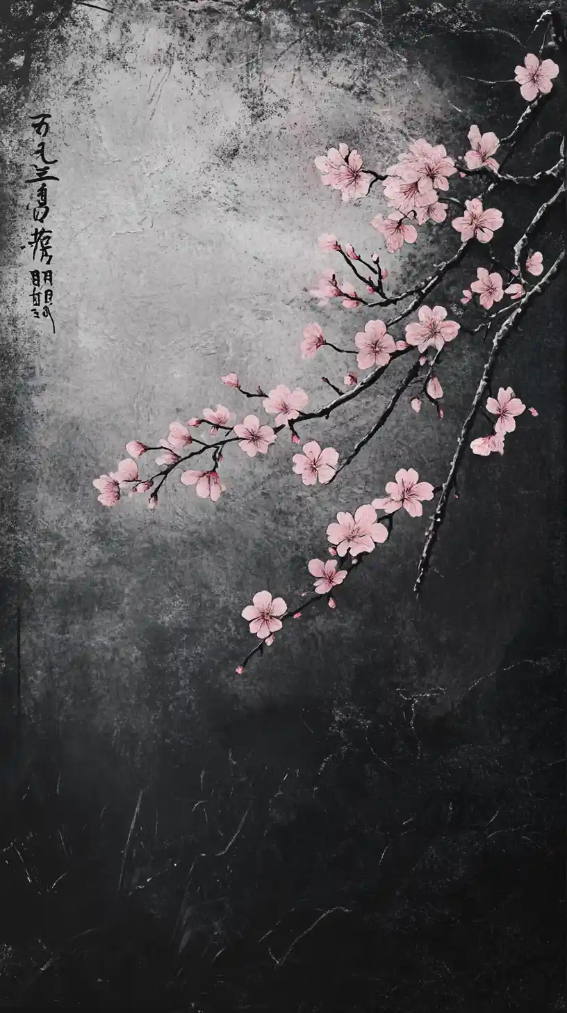 Cerezos en flor en pintura digital a tinta inspirada en sumi-e