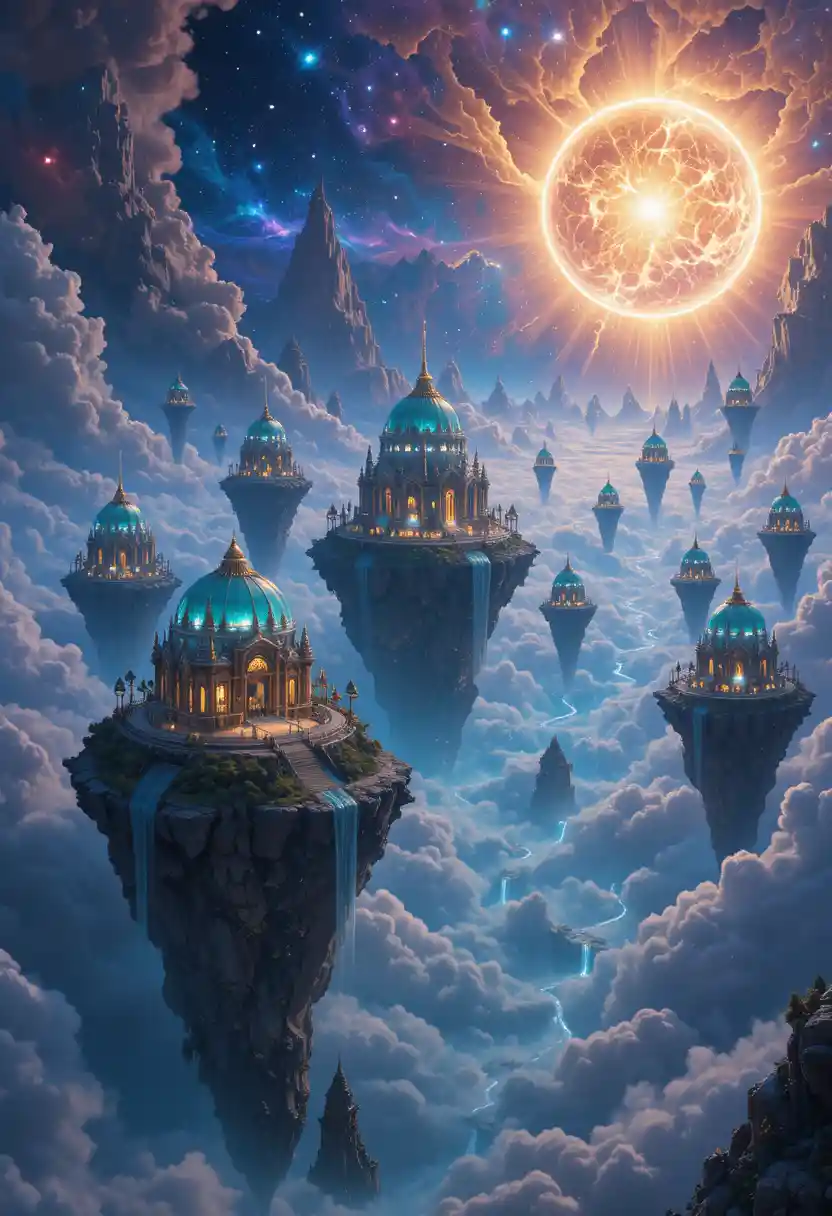 Floating domed cities drifting among vivid cosmic nebula clouds