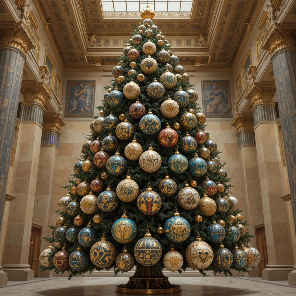 Grand sapin de Noël avec boules d’ornement égyptiennes dans un musée