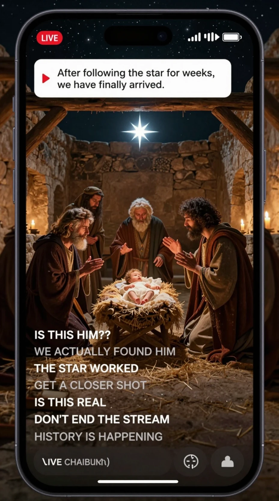 Nativity scene streamed through a modern smartphone screen
