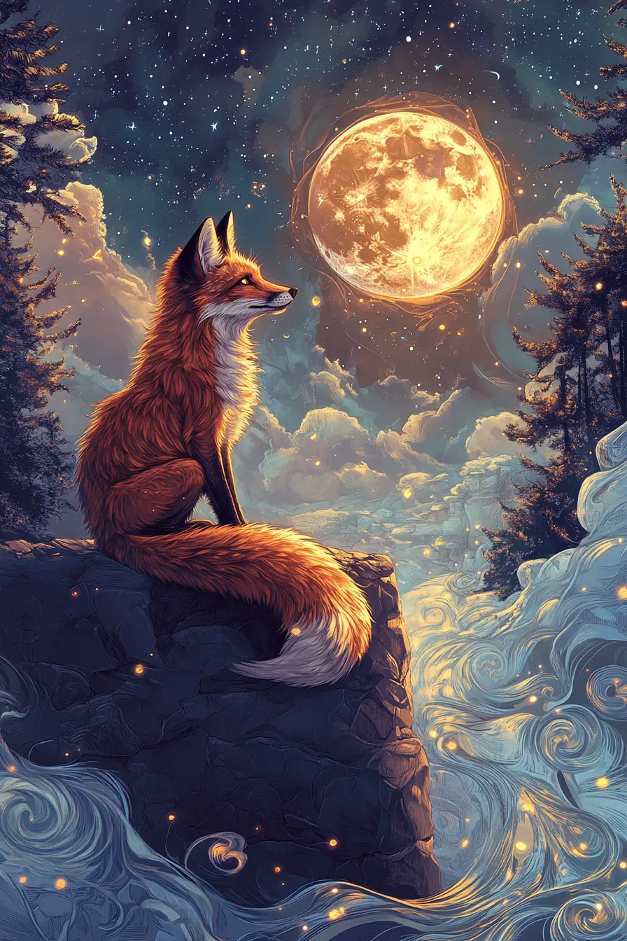 Roter Fuchs leuchtet auf einem Felsvorsprung unter winterlichem Sternenhimmel