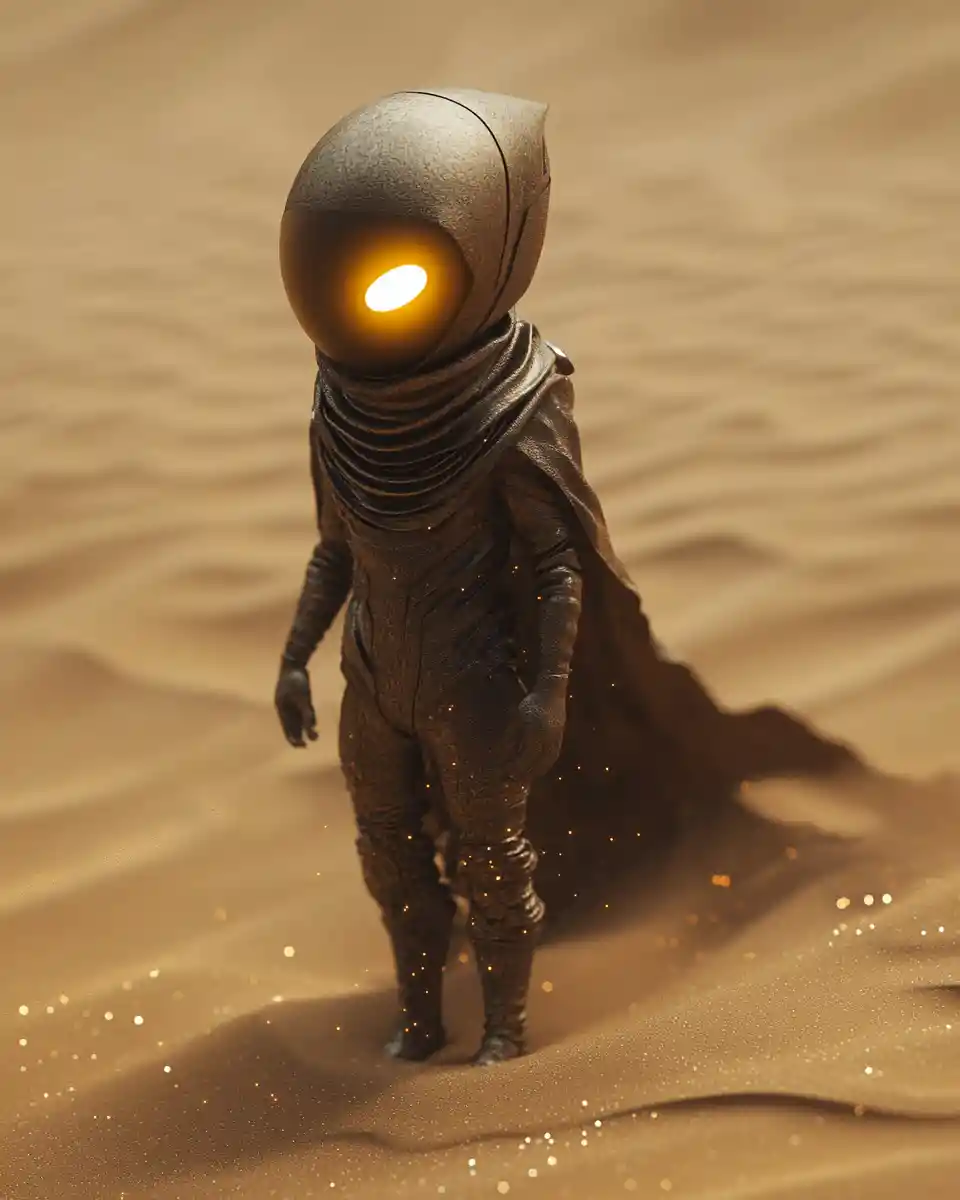 Piccolo esploratore alieno solo in un deserto ventoso