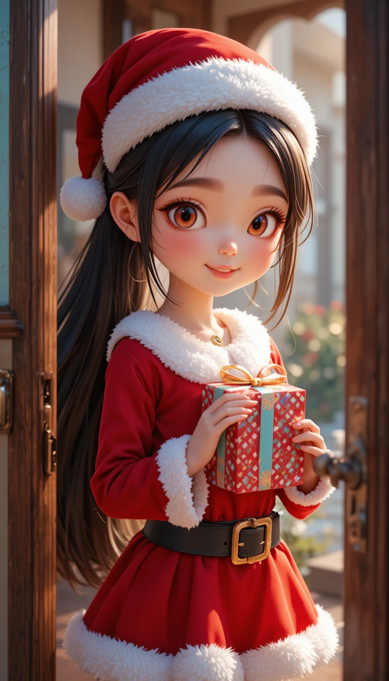 Cute girl at the doorway holding a christmas present