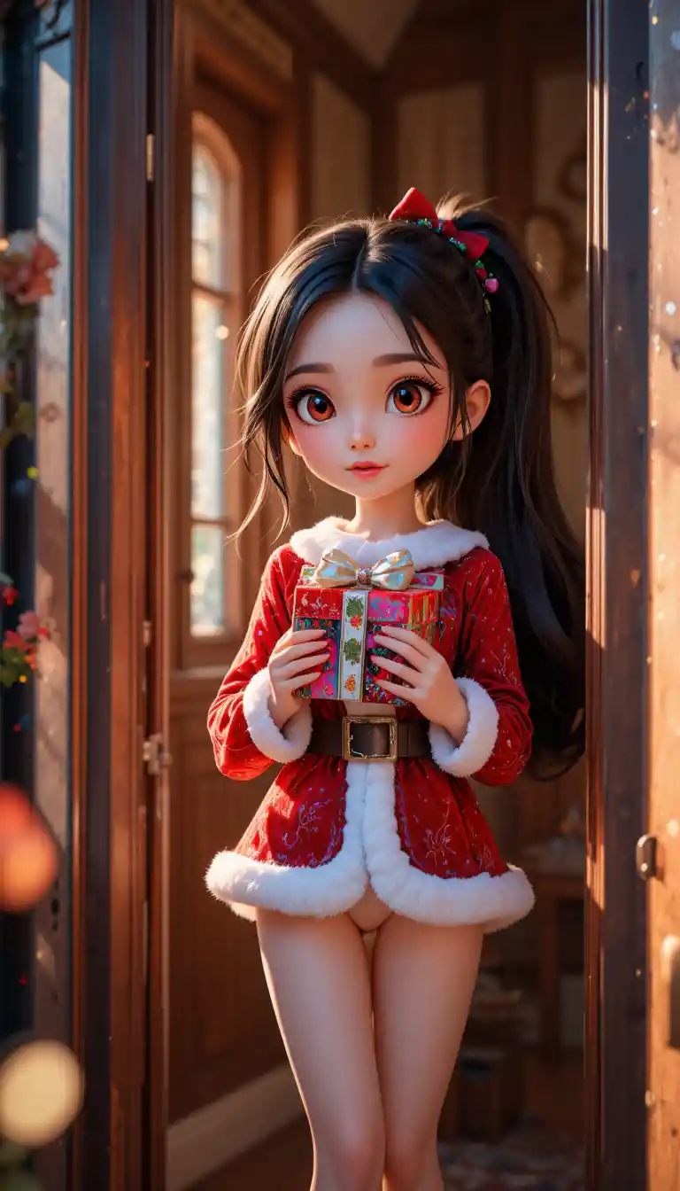 Chica linda con traje de Santa llamando a la puerta