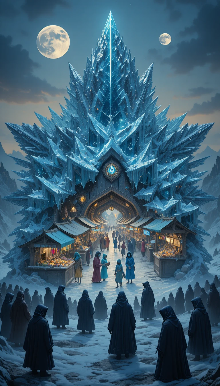 Bustling fantasy marketplace inside a colossal crystalline snowflake