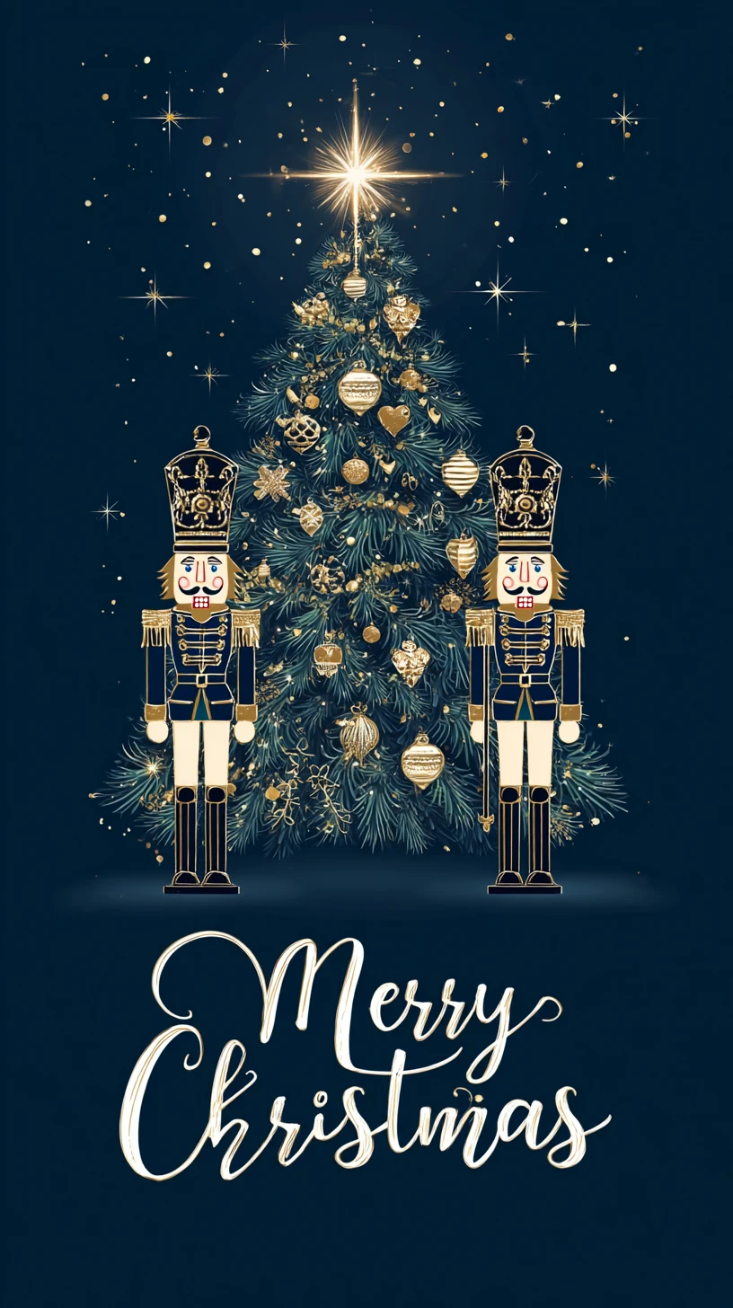 Biglietto di Natale festoso con albero e personaggi schiaccianoci