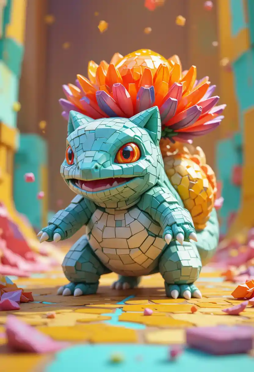 Voxel creature with crystalline flower bloom and amber eyes