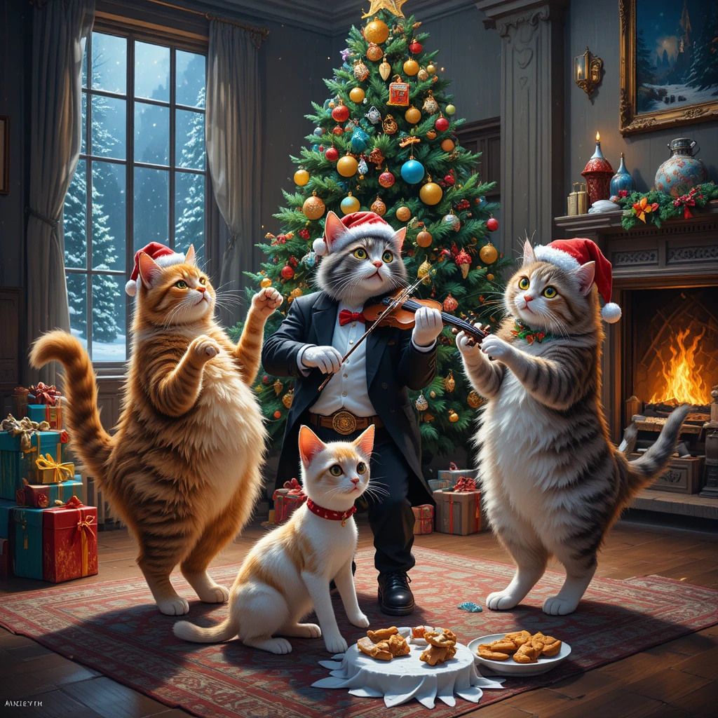 Trois chats dansants fêtent Noël dans un salon chaleureux
