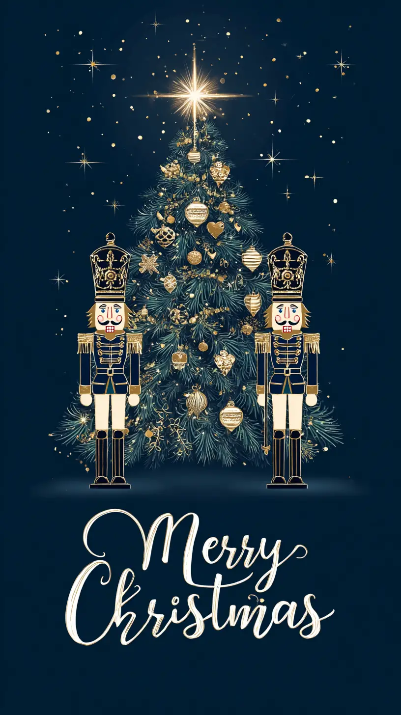 Festive Christmas card with tree and nutcracker characters