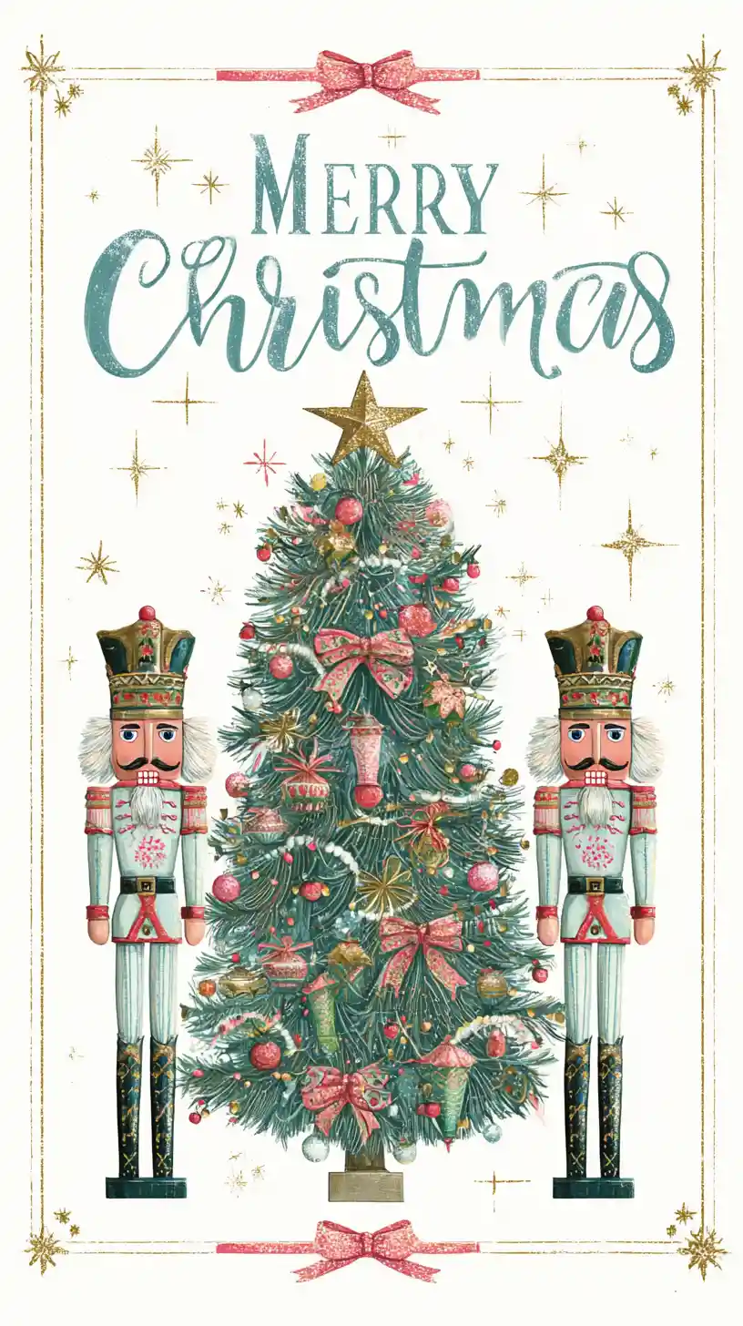 くるみ割り人形ときらめくディテールの華やかなクリスマスツリーカード