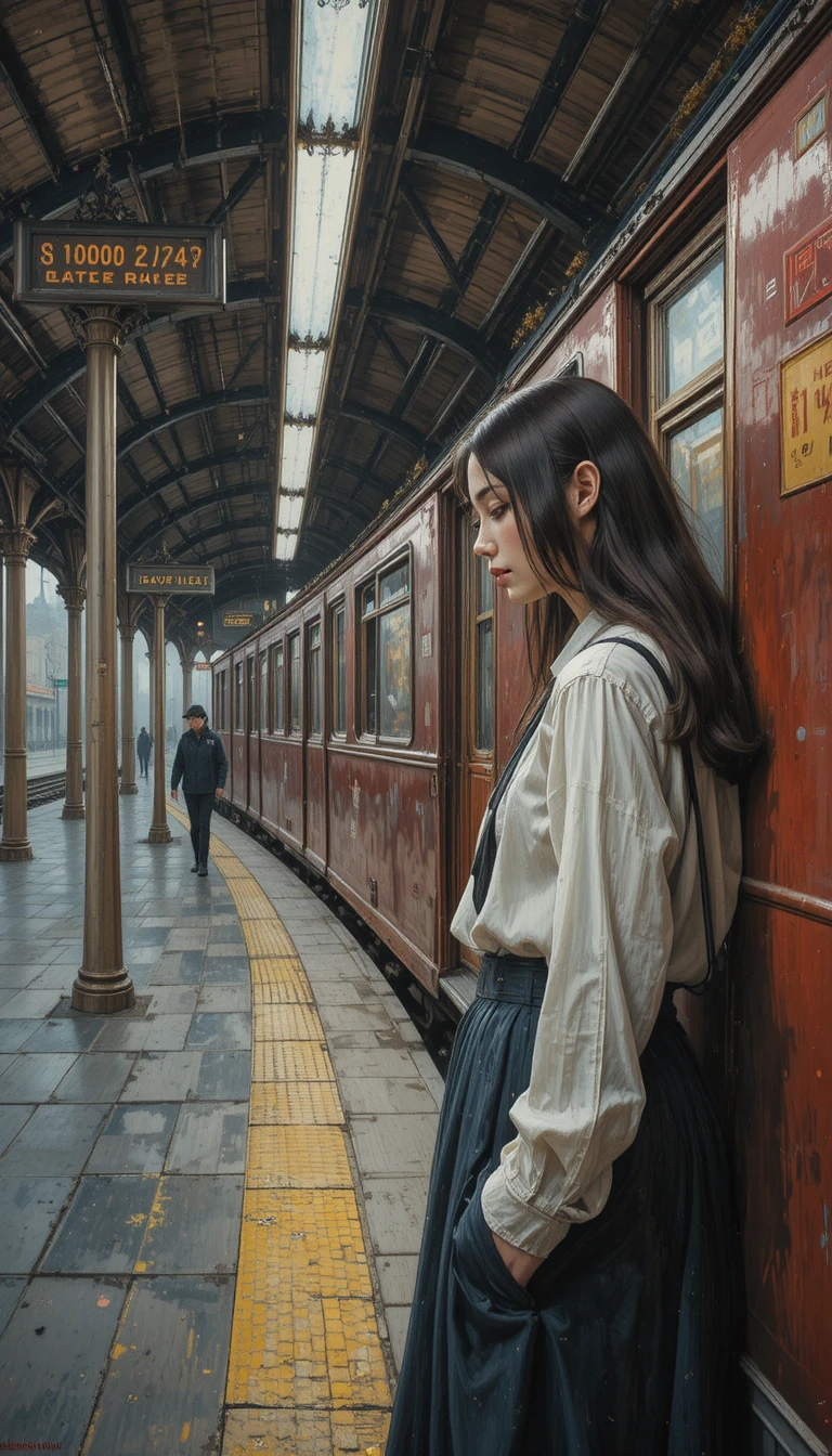 月台上等待紅色列車的年輕女孩